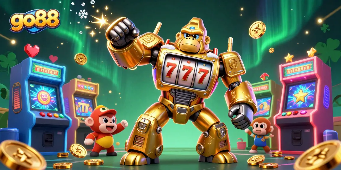 Experience thrilling gameplay at go88 with a vibrant scene of a golden gorilla mech and dynamic casino elements.